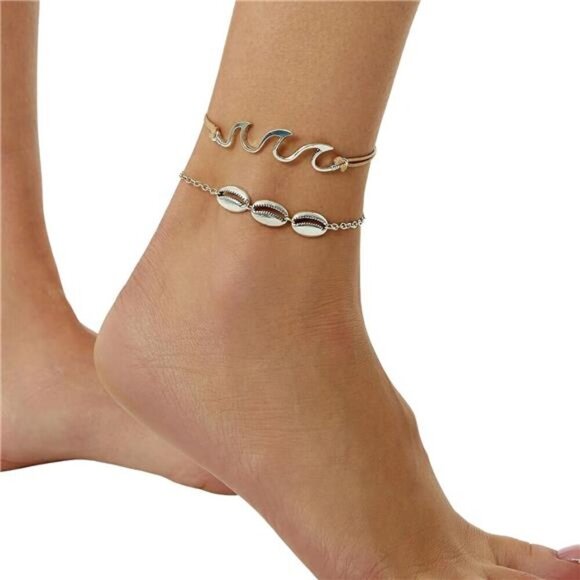 Silver Wave & Shell Anklet Set – Beach-Inspired Boho Jewelry -Beach Vibes Summer - Picture 4 of 5